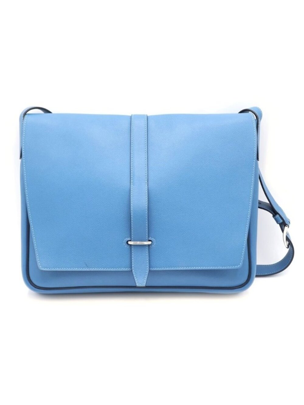 Hermes Steve Bright Blue Jean Shoulder Bag Leather Chevre Silver